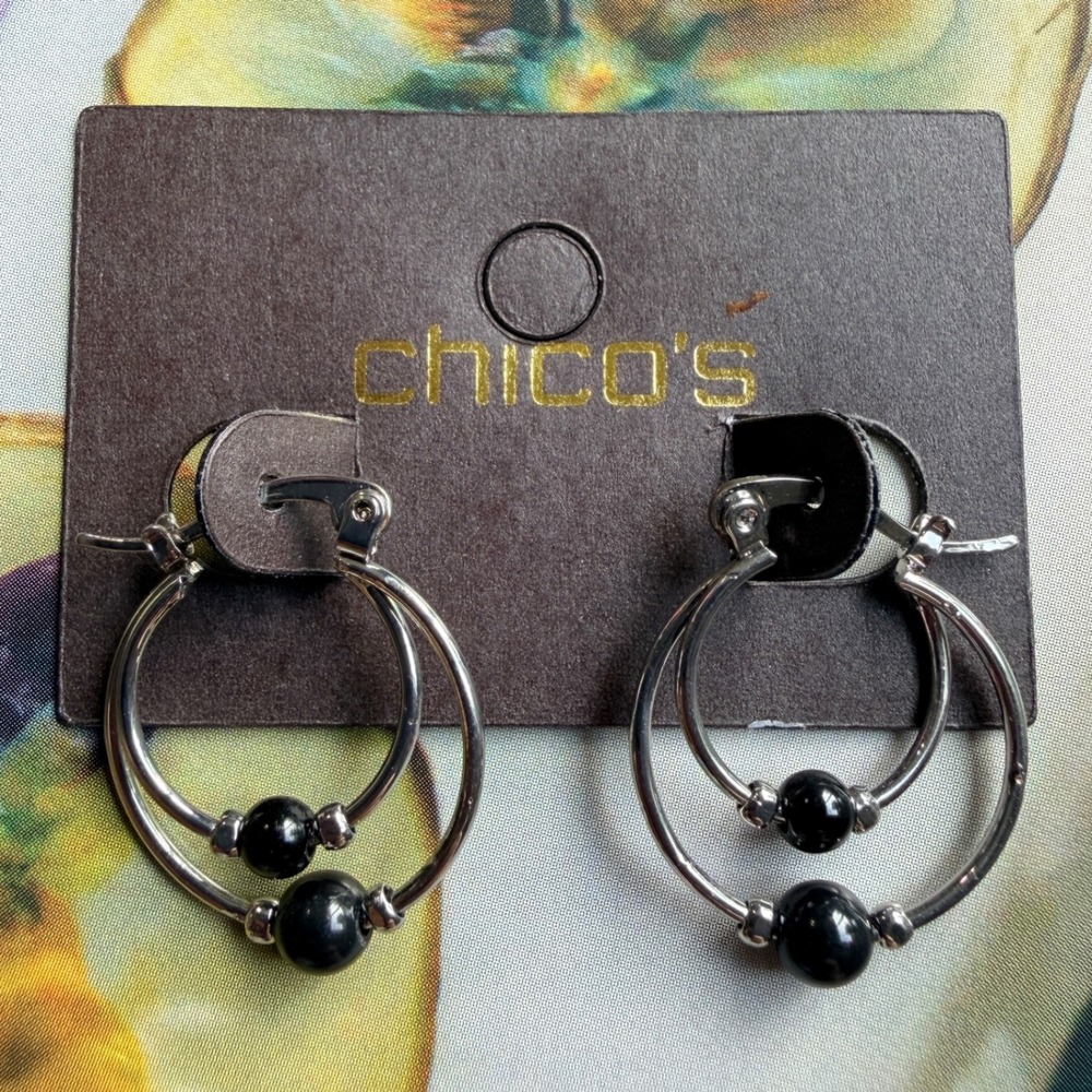 Chico's Hoop Earrings Y2K Silver Tone Black Bead 0.75" Double Hoop Locking Wire - Picture 2 of 8